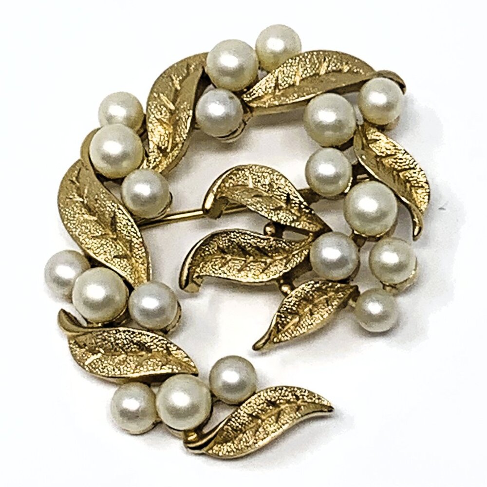 Crown Trifari Imitation Pearl Gold Tone Leaf Brooch
